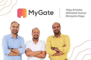 Three co-founders of Mygate: Vijay Arisetty, Abhishek K, and Shreyans Daga