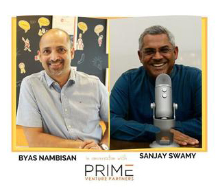 A graphic with guest(Byas Nambisan) and host's (Sanjay Swamy) name and image.