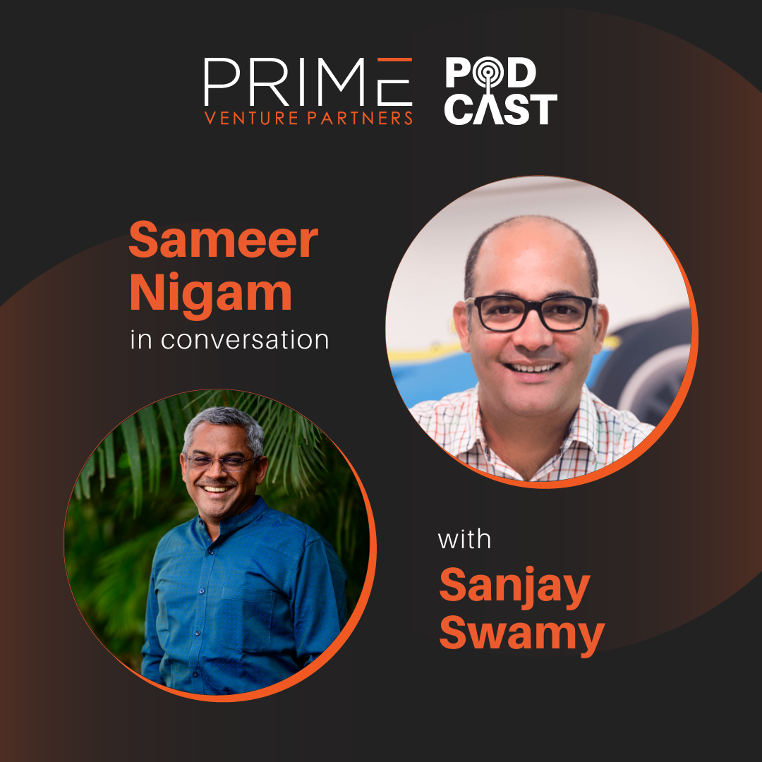 A graphic with guest(Sameer Nigam) and host's (Sanjay Swamy) name and image.