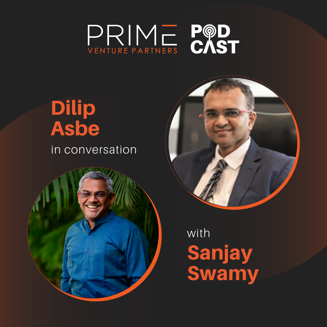 A graphic with guest(Dilip Asbe) and host's(Sanjay Swamy) name and image